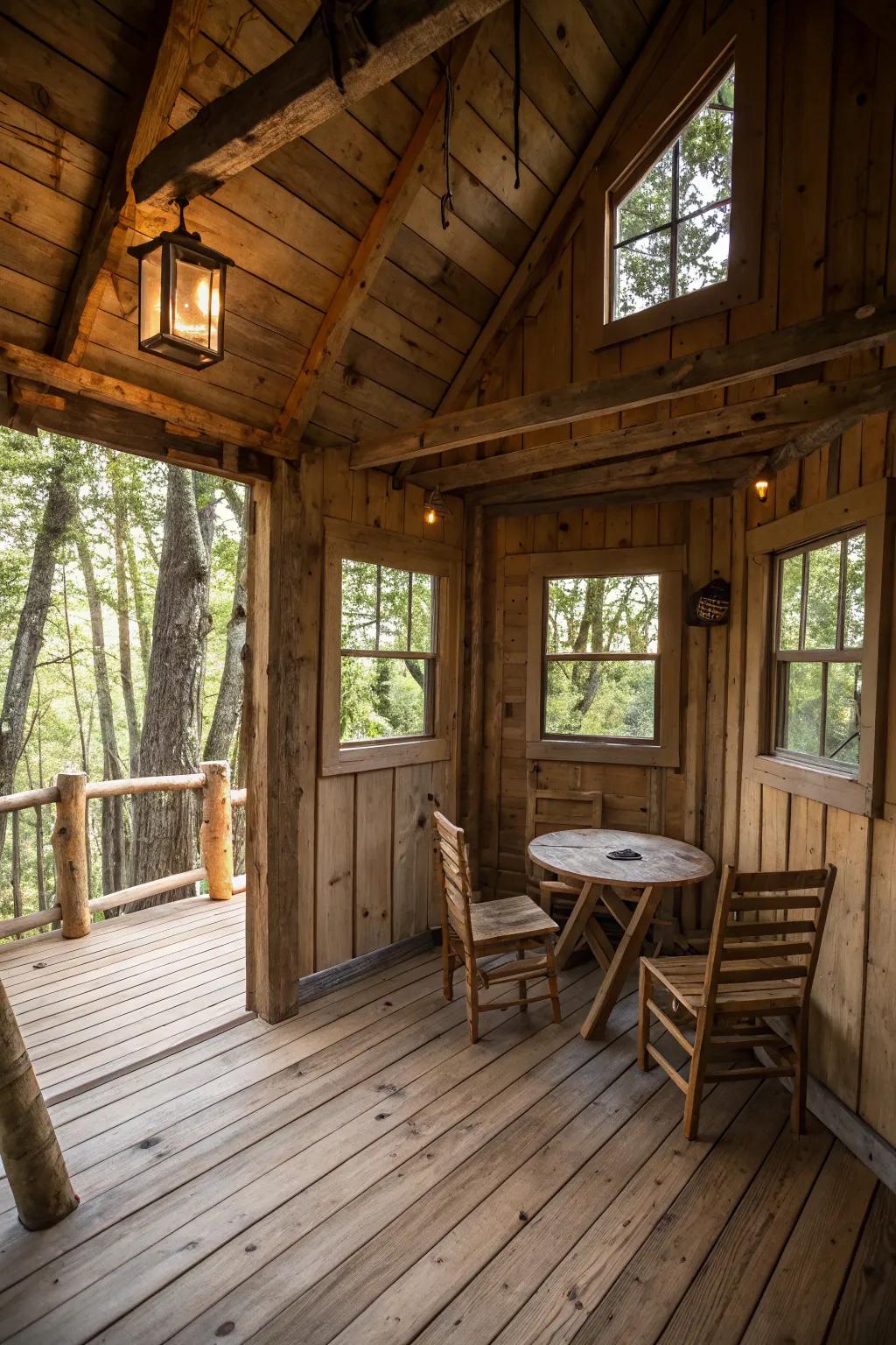 Rustic appeal within a treehouse, highlighting wooden walls and flooring that underscore natural magnificence.