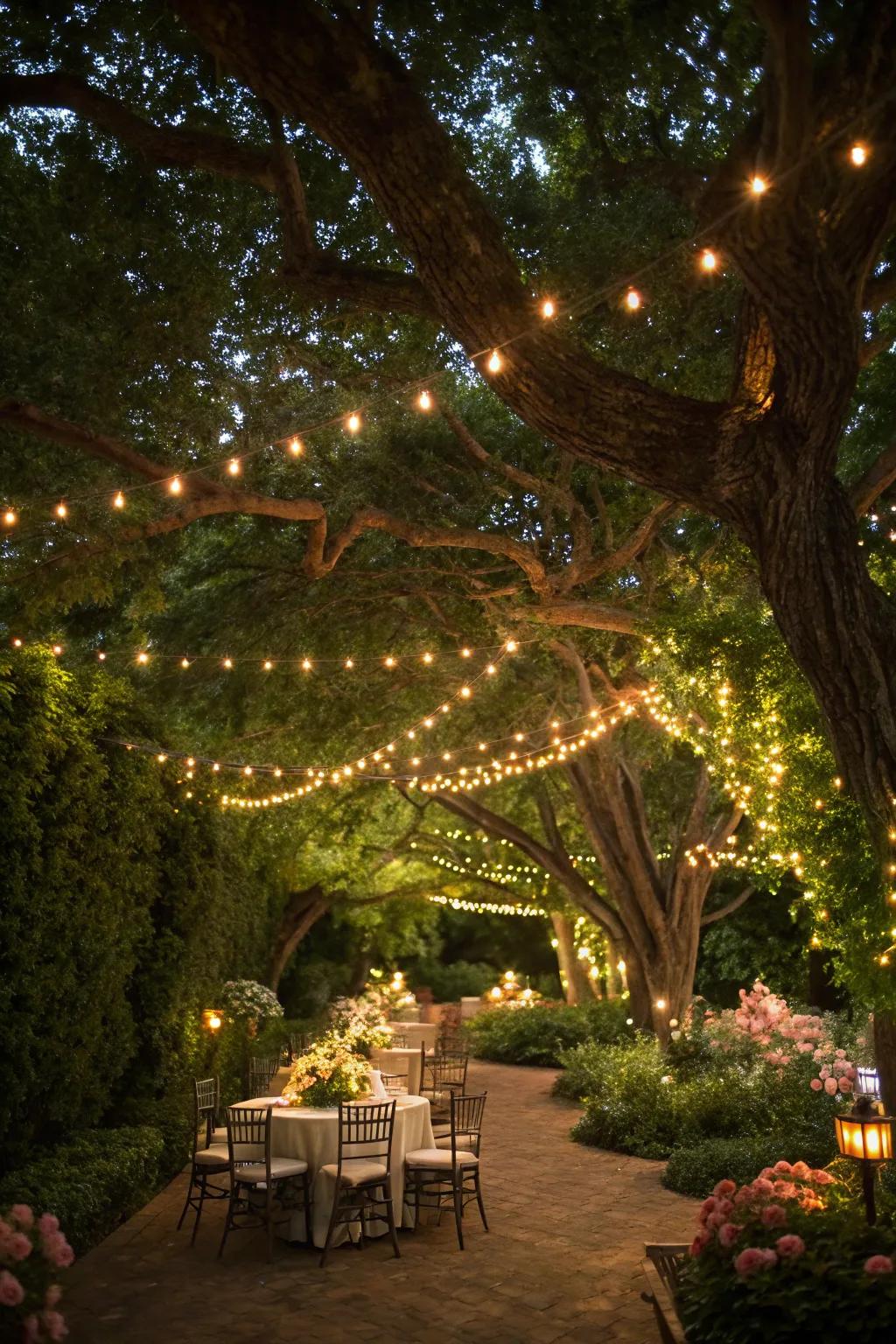 A light-draped canopy gives a magical dining atmosphere.