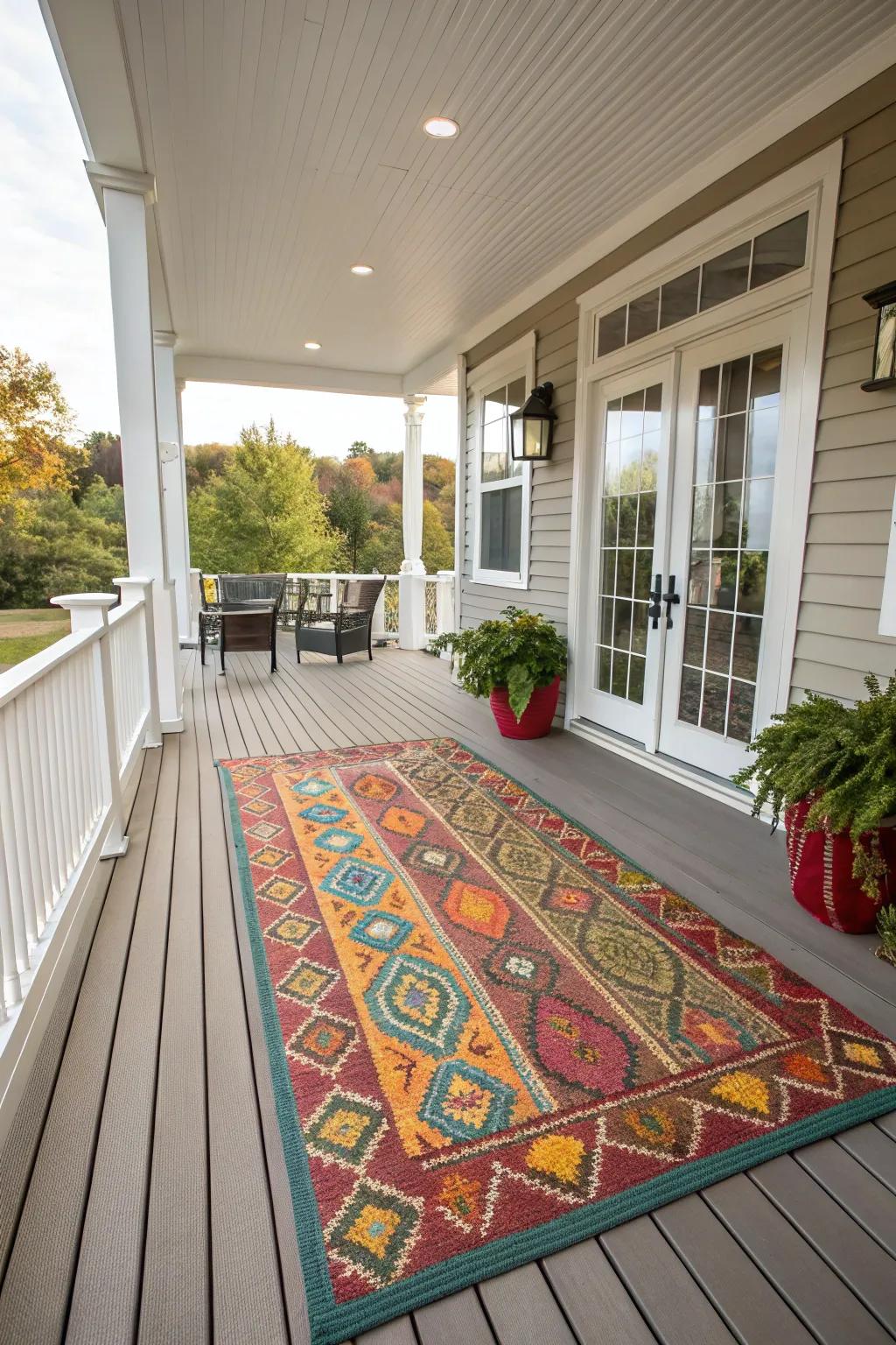 Bestow coziness upon your porch with a vibrant open-air carpet.