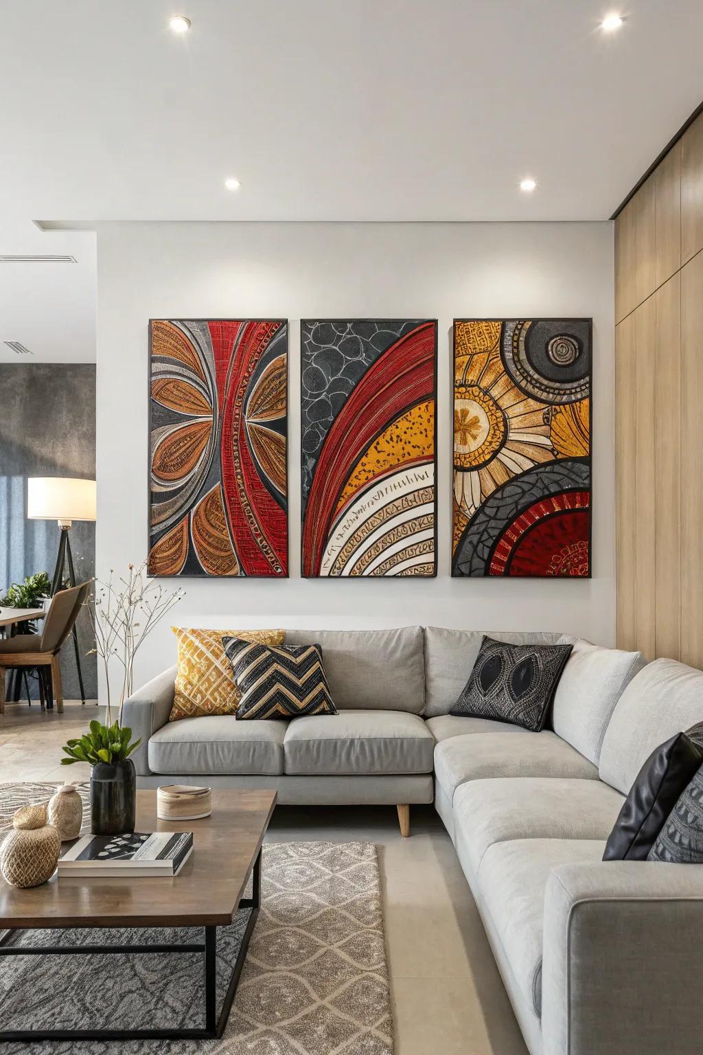Textured triptych artwork gives a modern area depth.