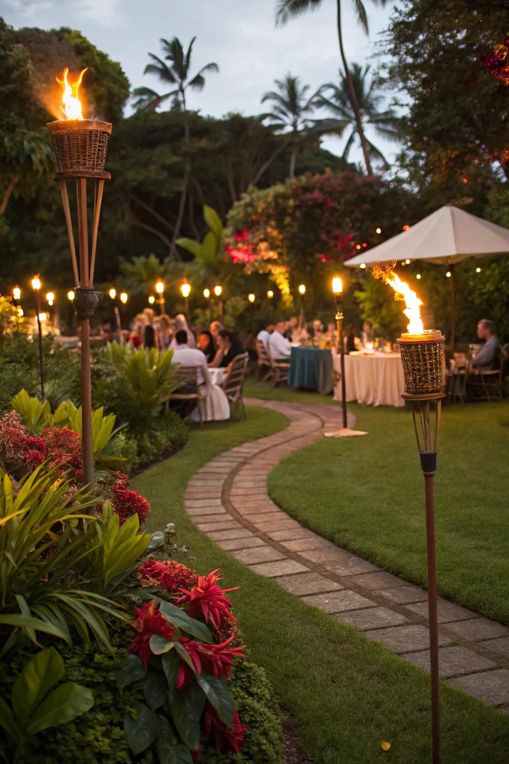Tiki lights brighten the tropical night.