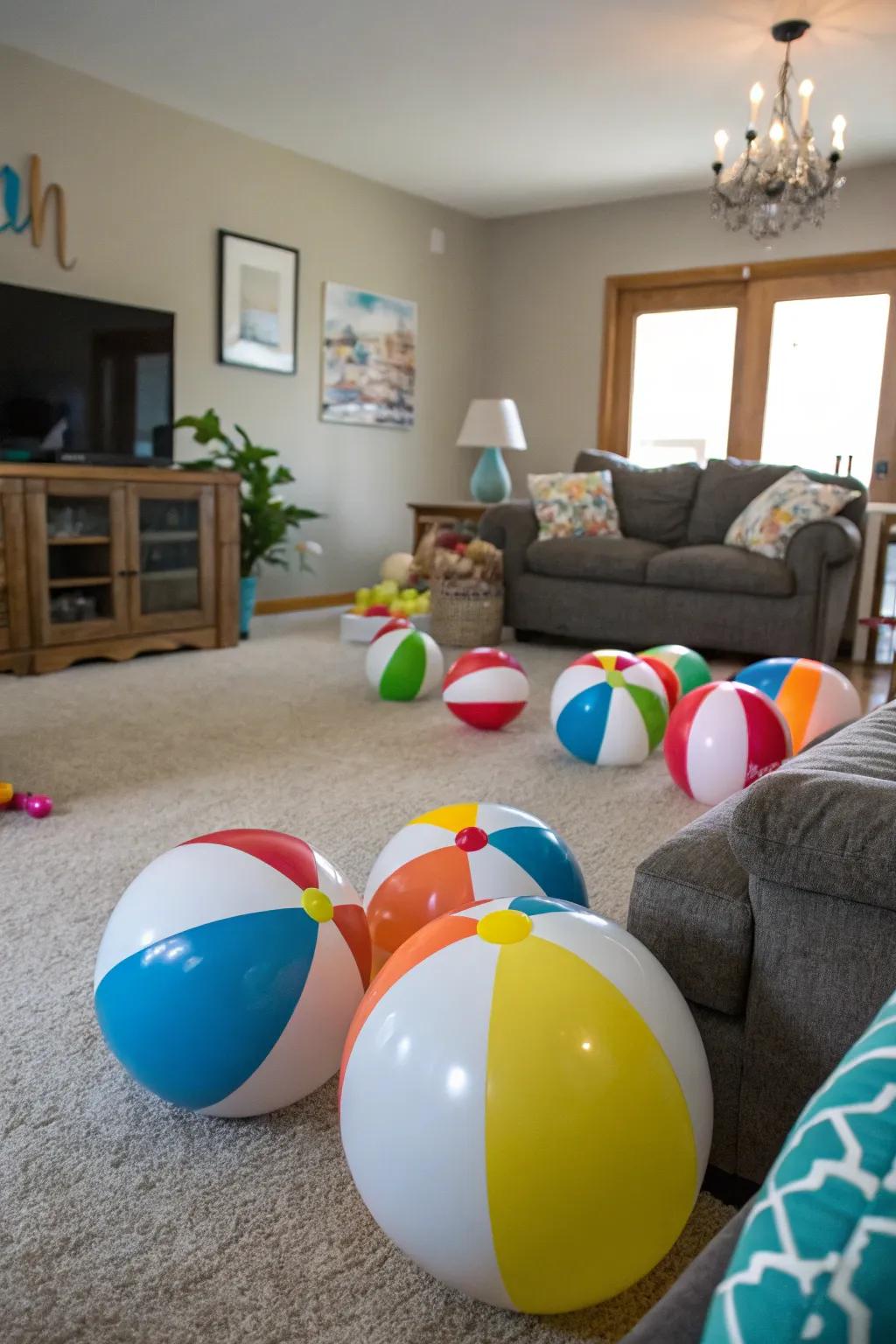 Beach balls add a playful and colorful touch.