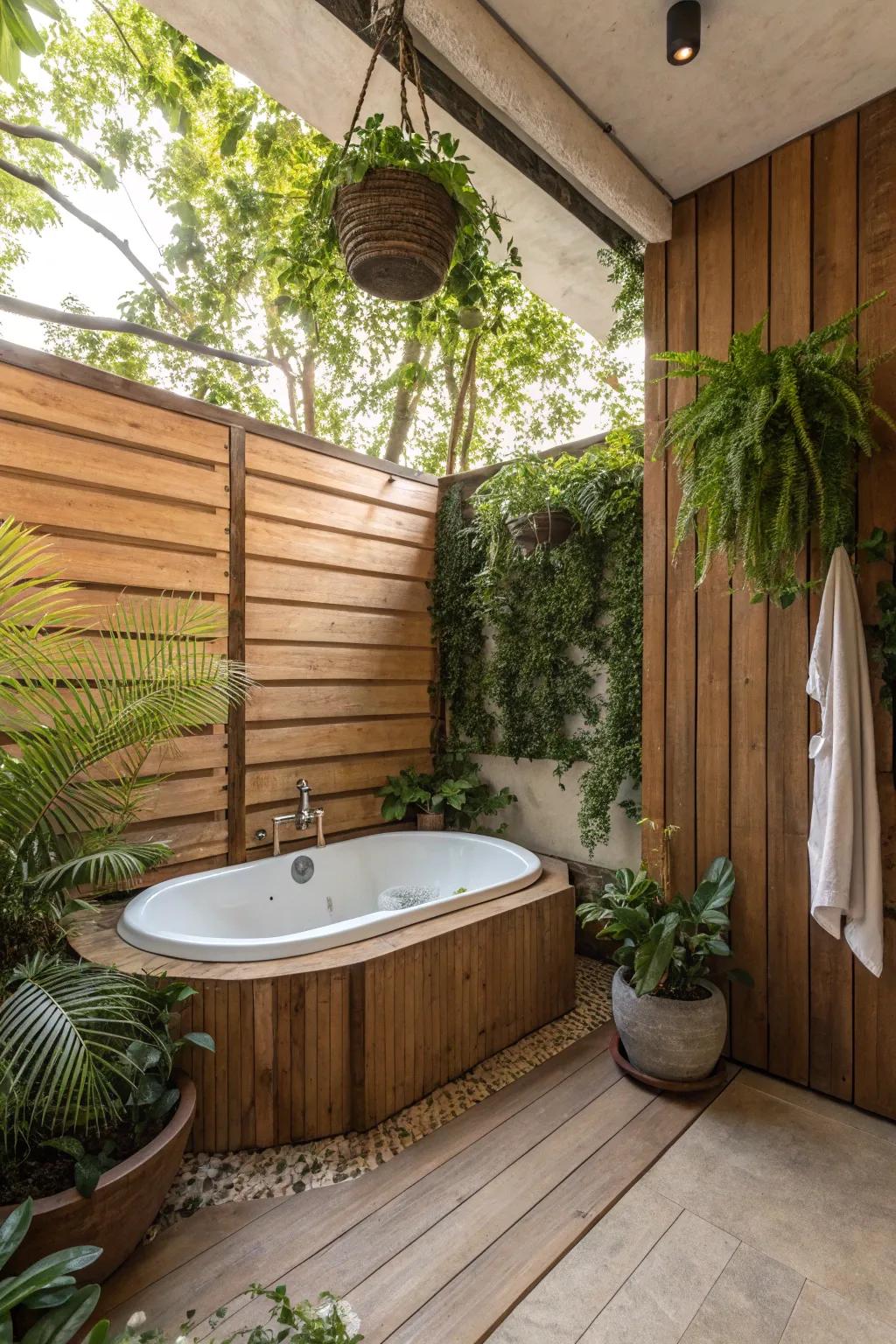 Wood and plants make the tub area feel warm and welcoming.