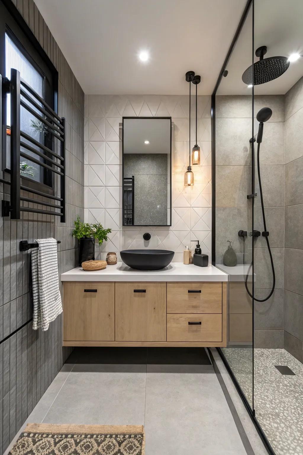 Sleek, black hardware adds sophistication to a minimalist bathroom design.