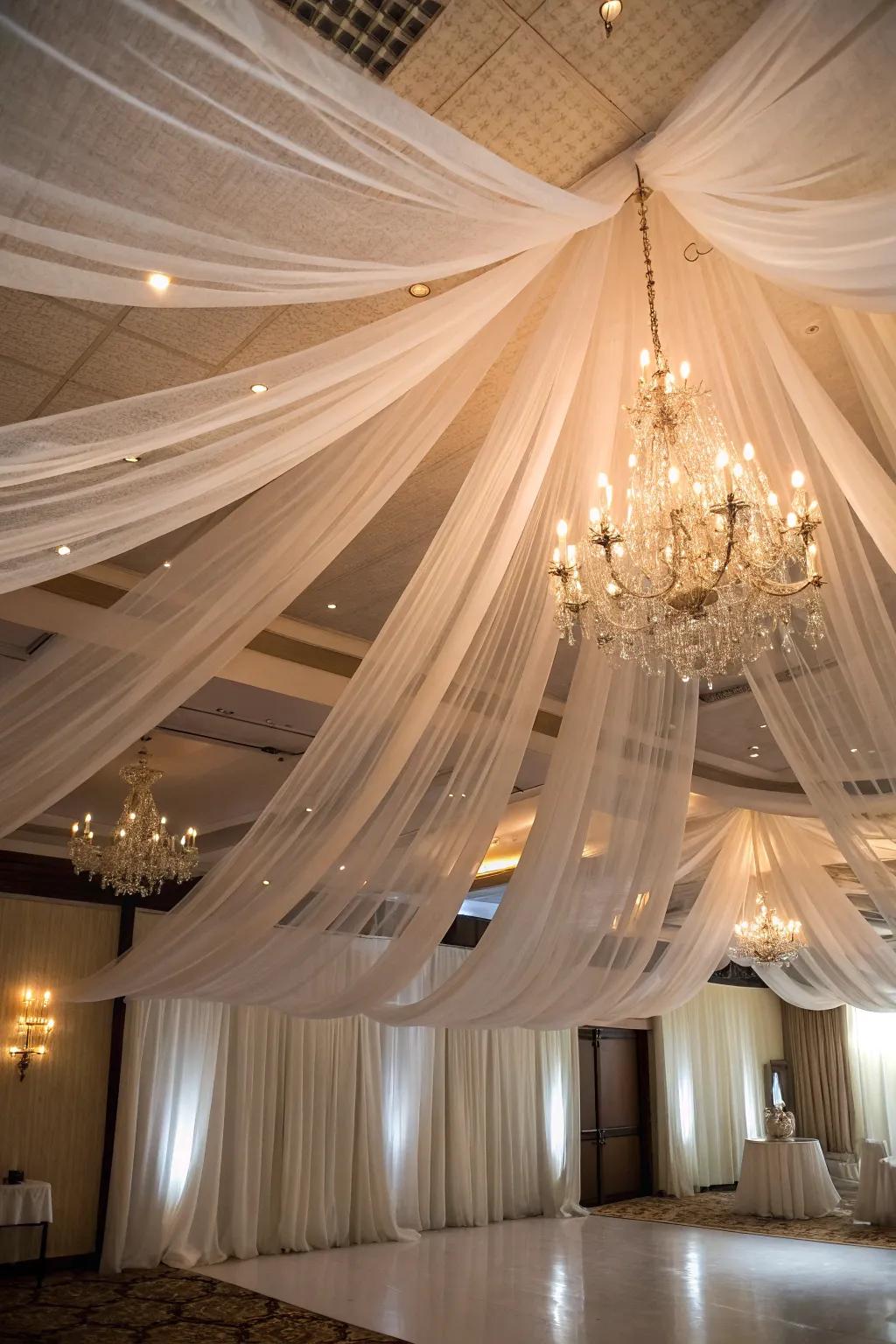 Design a magical setting with netting ceiling drapes.