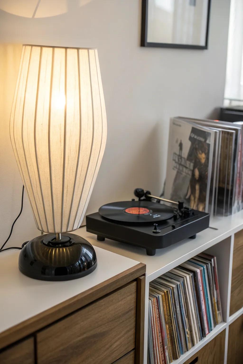 Understated light fixture complementing a modern turntable.