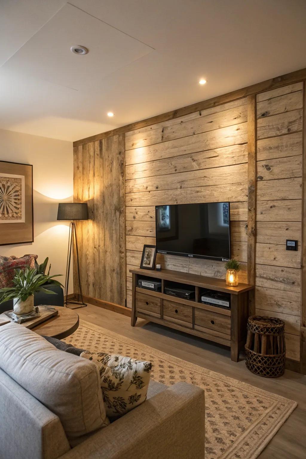 A TV mounted on a textured wood wall covering.