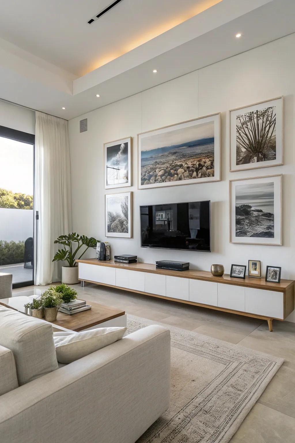 Minimalist aesthetic for an elegant television gallery wall.