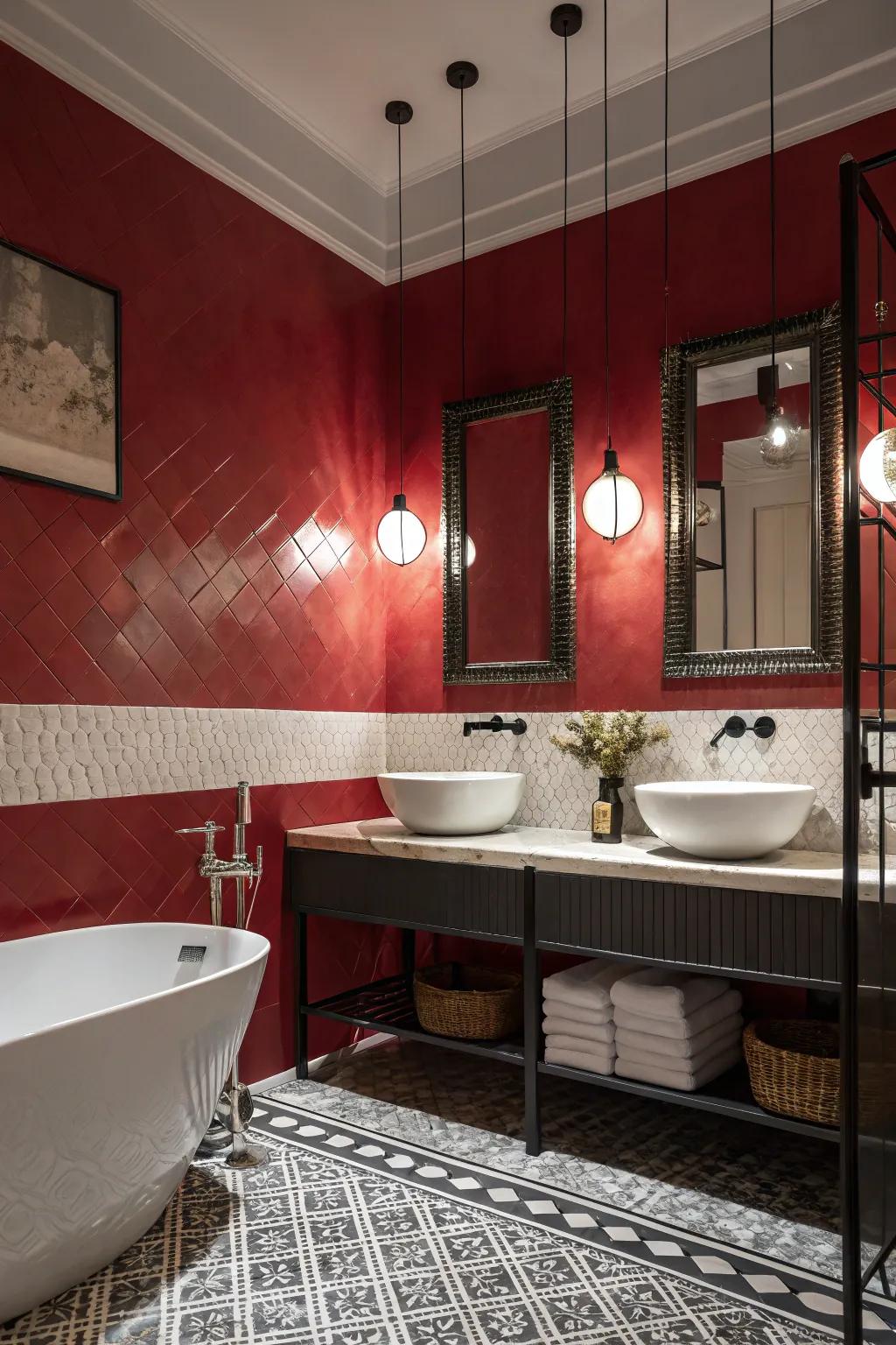 A bold red and white two-tone wall look that makes a dramatic focal point.