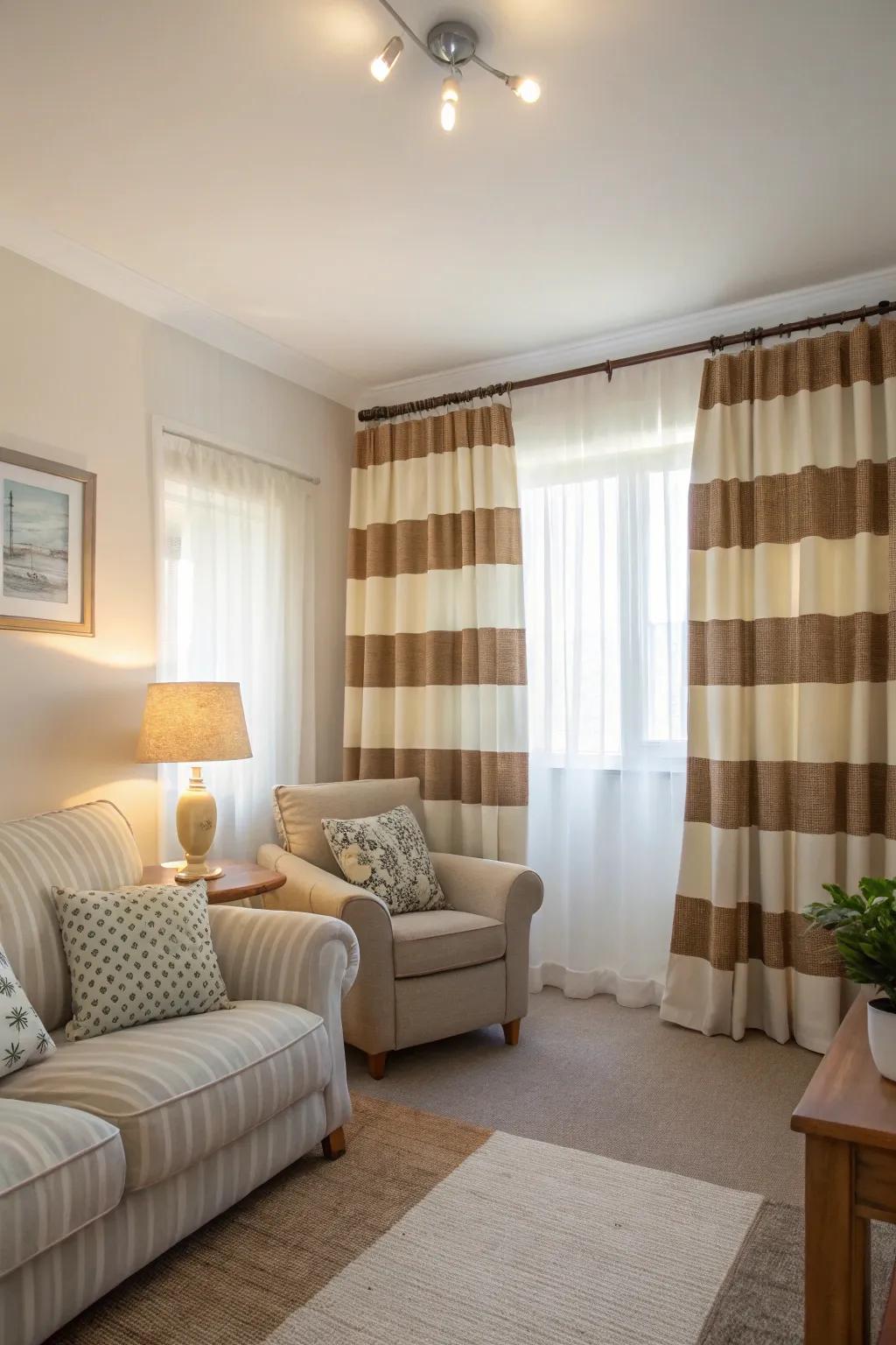 Vertical stripes in duo-tone drapes creating height in a compact living area.