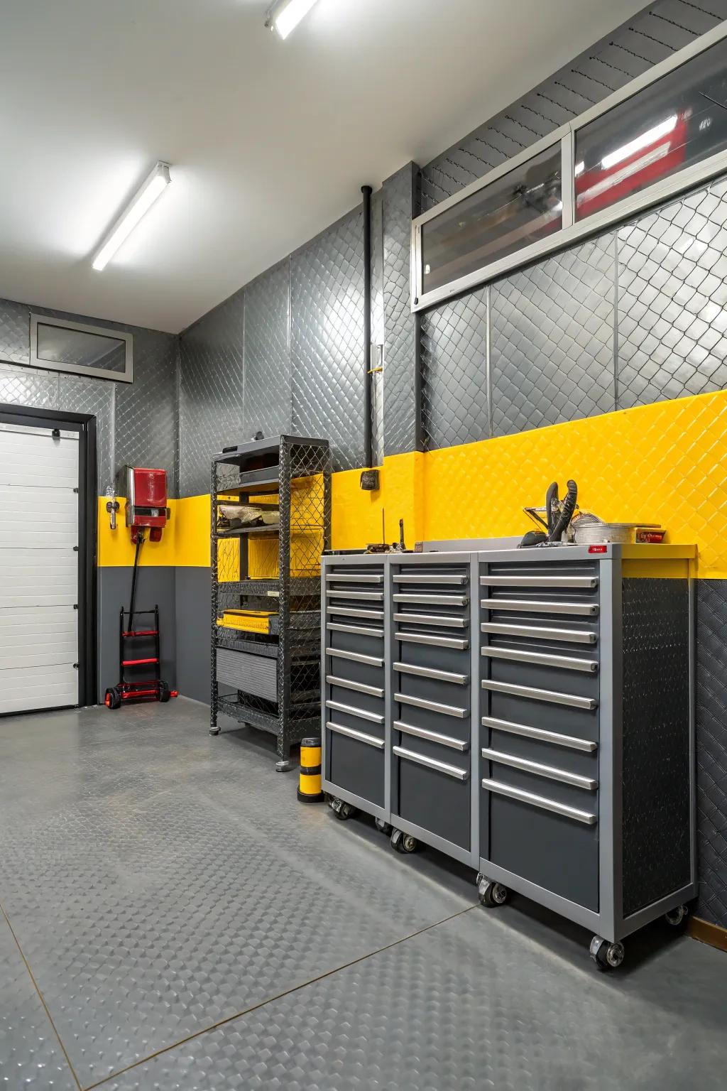 Urban slate and gold bring a trendy, urban feel to your garage.