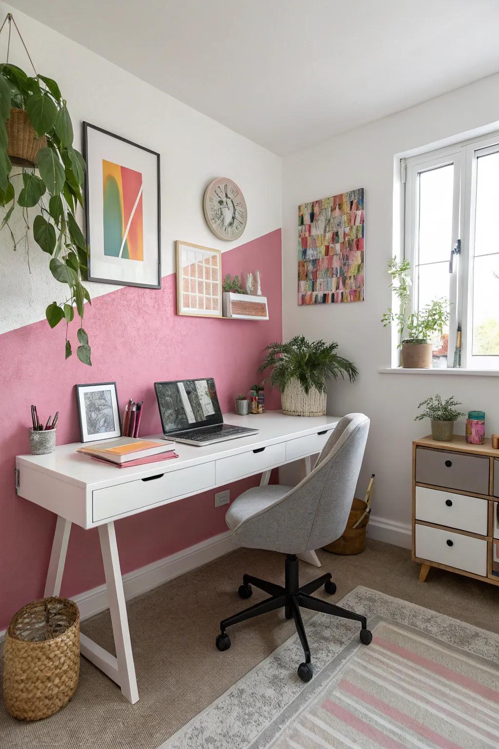 Energetic rose and snow white walls energize this creative home office.