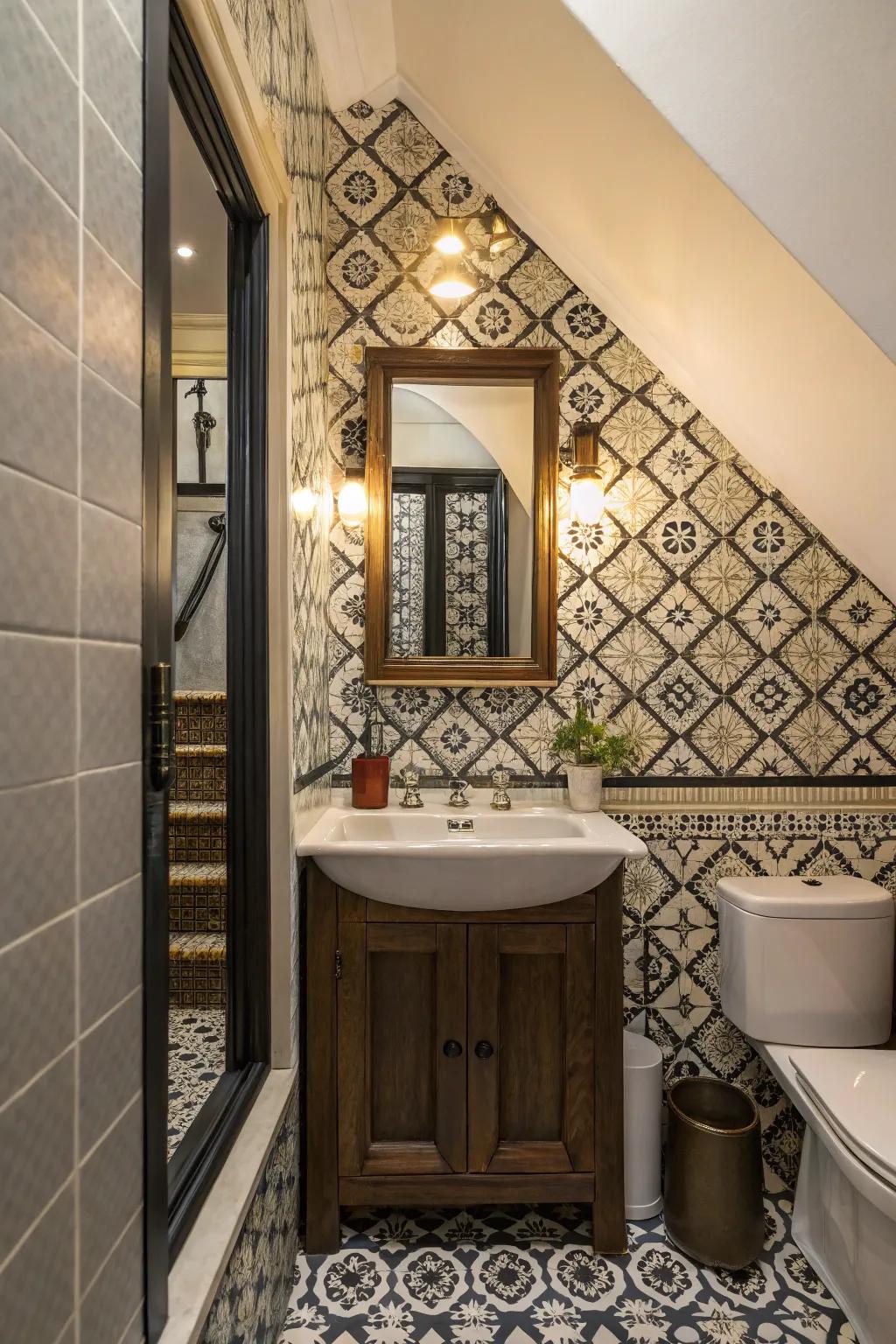 An under-stair bathroom showcasing a striking tile design and a statement mirror.