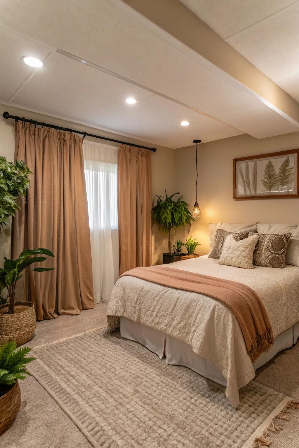 Neutral tones can create a calming and spacious feeling in your basement bedroom.