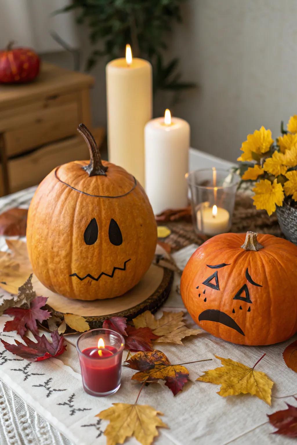 A dual-faced pumpkin displaying a range of emotions.