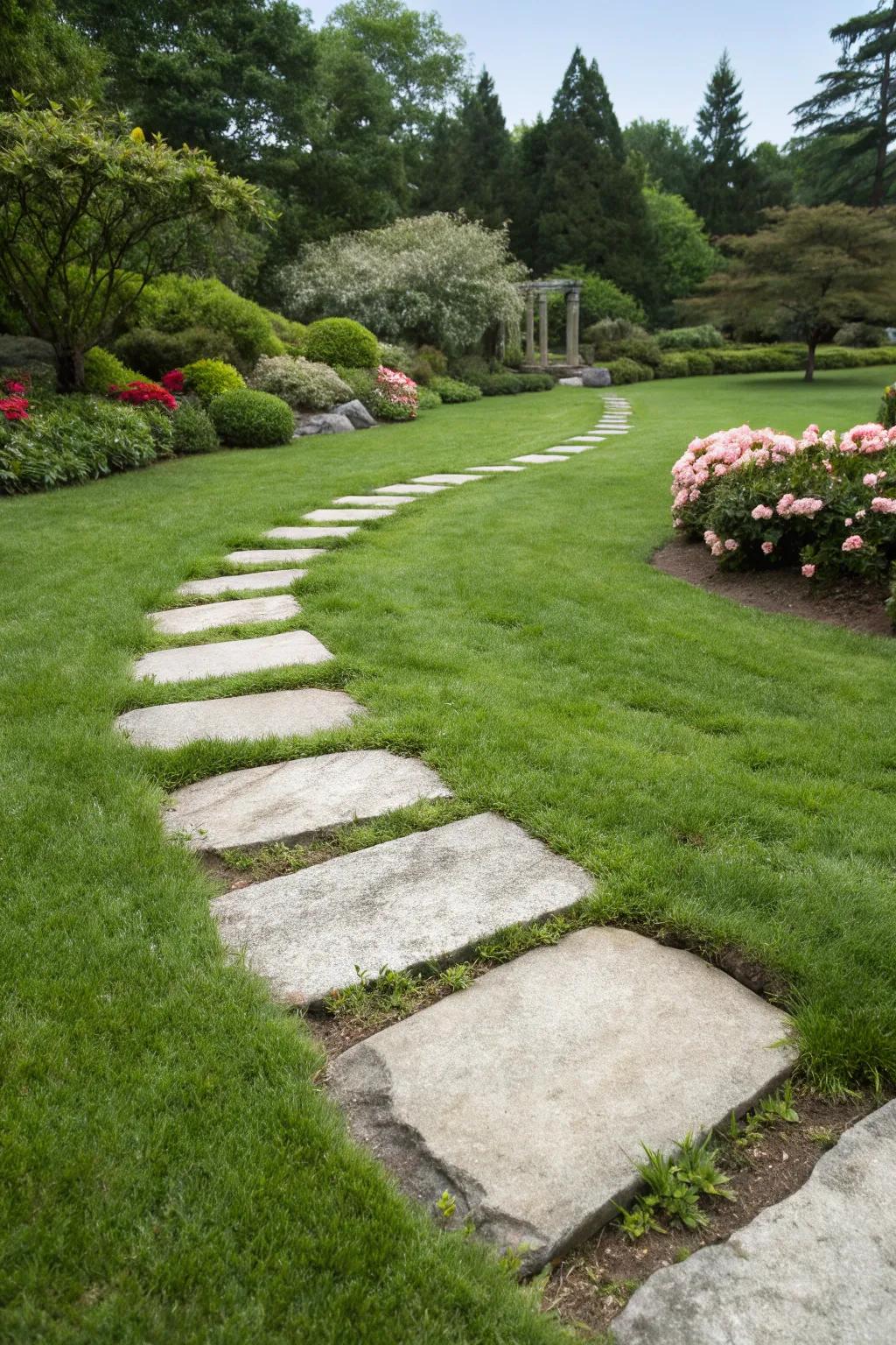 Paving slabs on green spaces establish a harmonious path that beckons exploration.