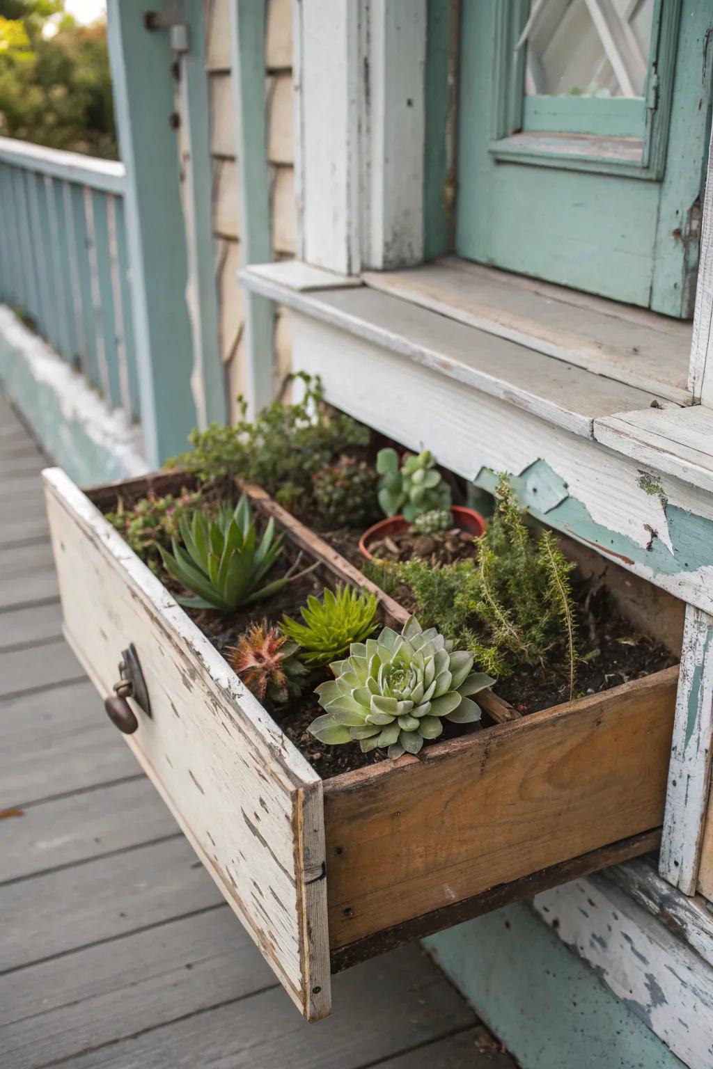 An obsolete drawer discovers renewed purpose as an appealing succulent planter.