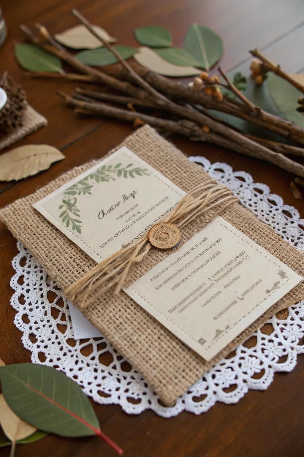 Hessian imparts a rustic hint to wedding announcements.