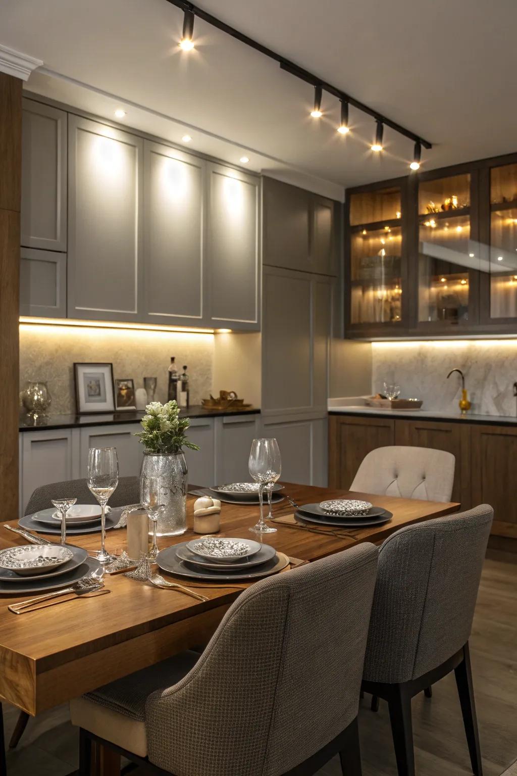 Spotlights bring a refined glow to the dining area.