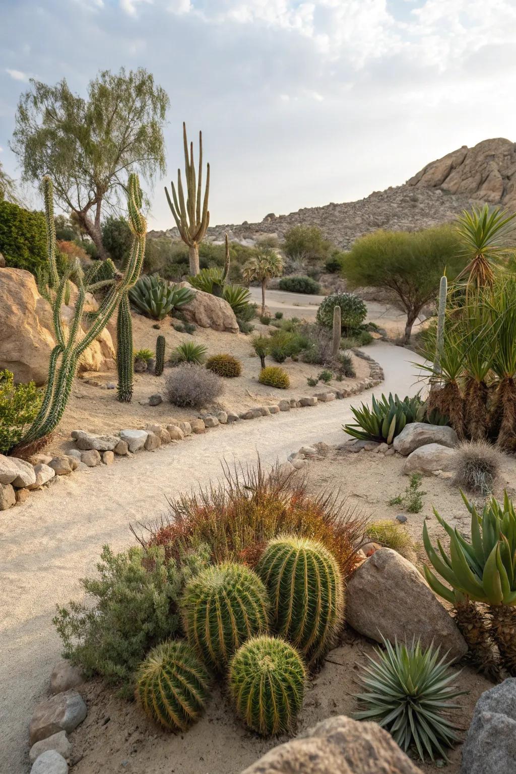 Desert landscaping featuring sand and succulents for a one-of-a-kind garden design.
