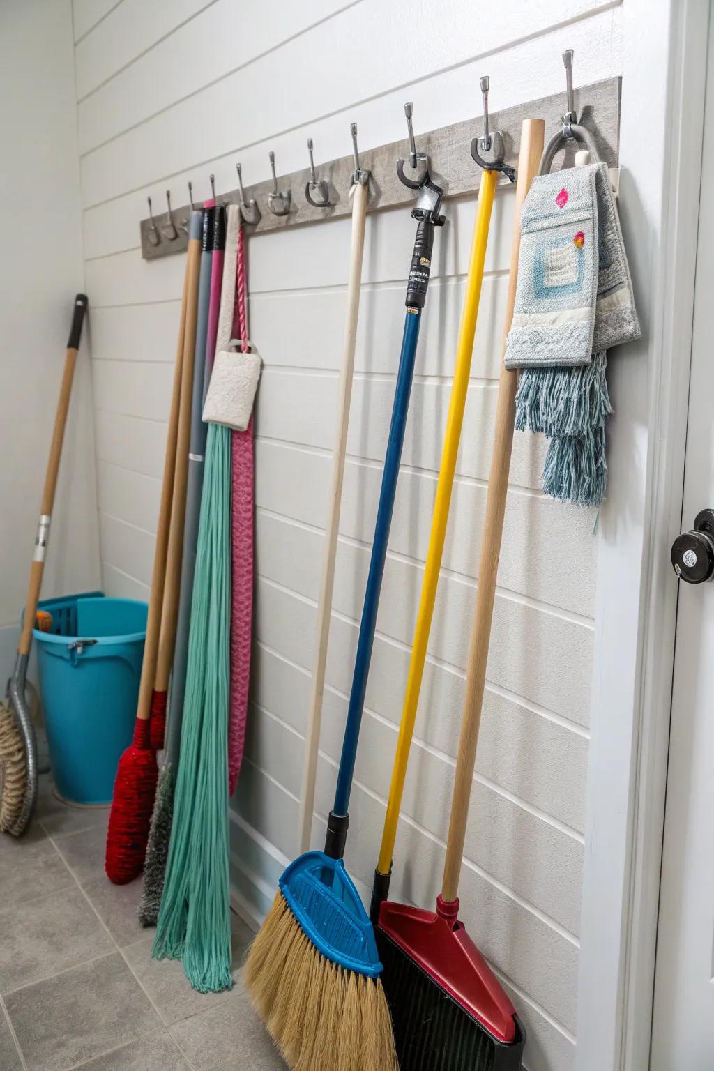 Hooks give you a helpful storage option for cleaning tools with long handles.