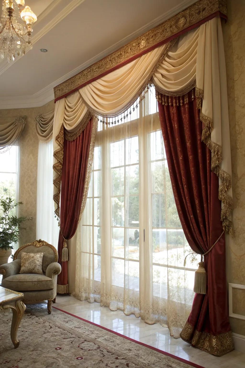 A window boasting a layered velour and silk valance in a sophisticated family room.