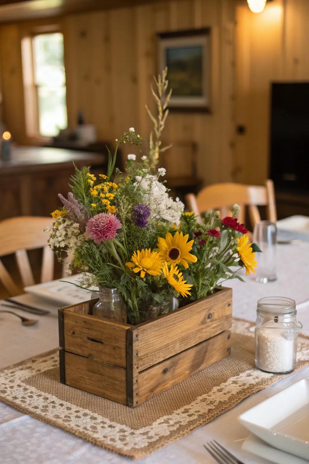 Wildflowers and timber fashion a snug, down-to-earth allure.