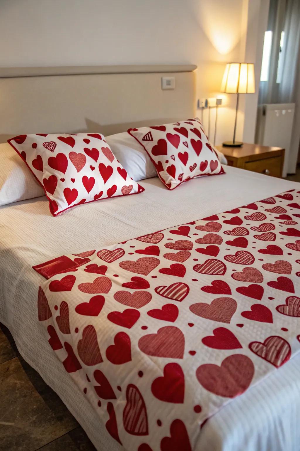 Themed bedclothes add a comfortable Valentine’s touch.
