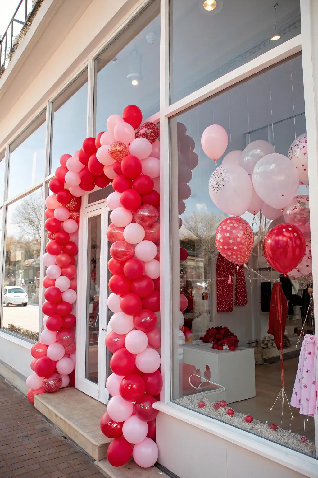 A festive balloon display adding charm to a Valentine's Day store window.