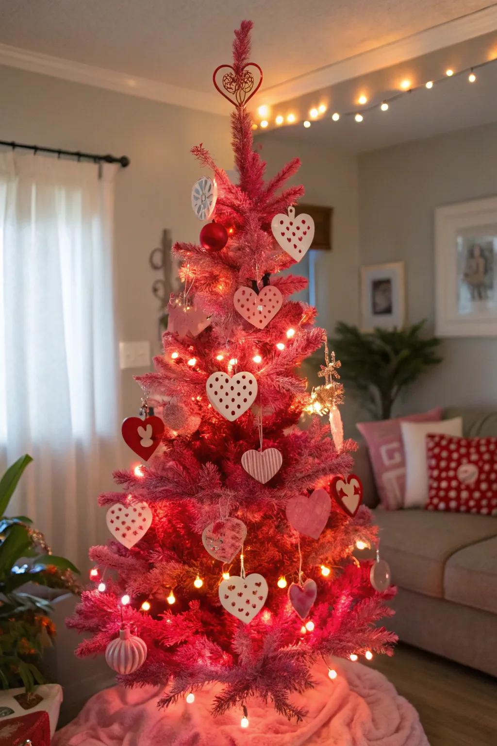 Transform your holiday tree into a Valentine's Day centerpiece through themed decorations.