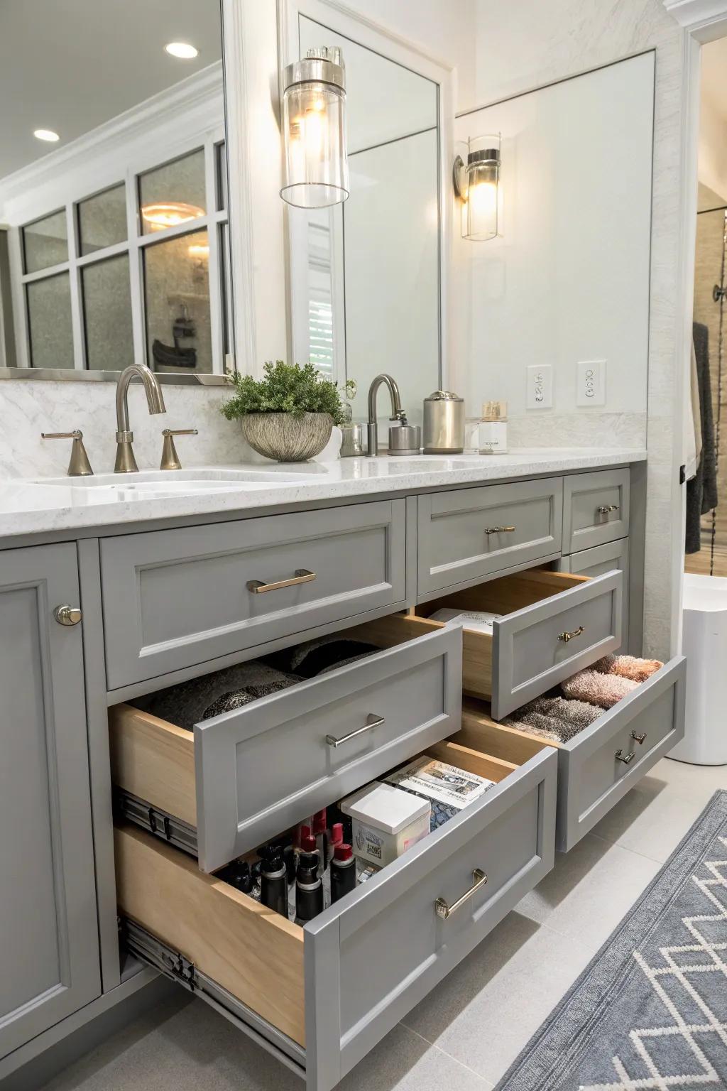 A functional vanity with extensive storage options.