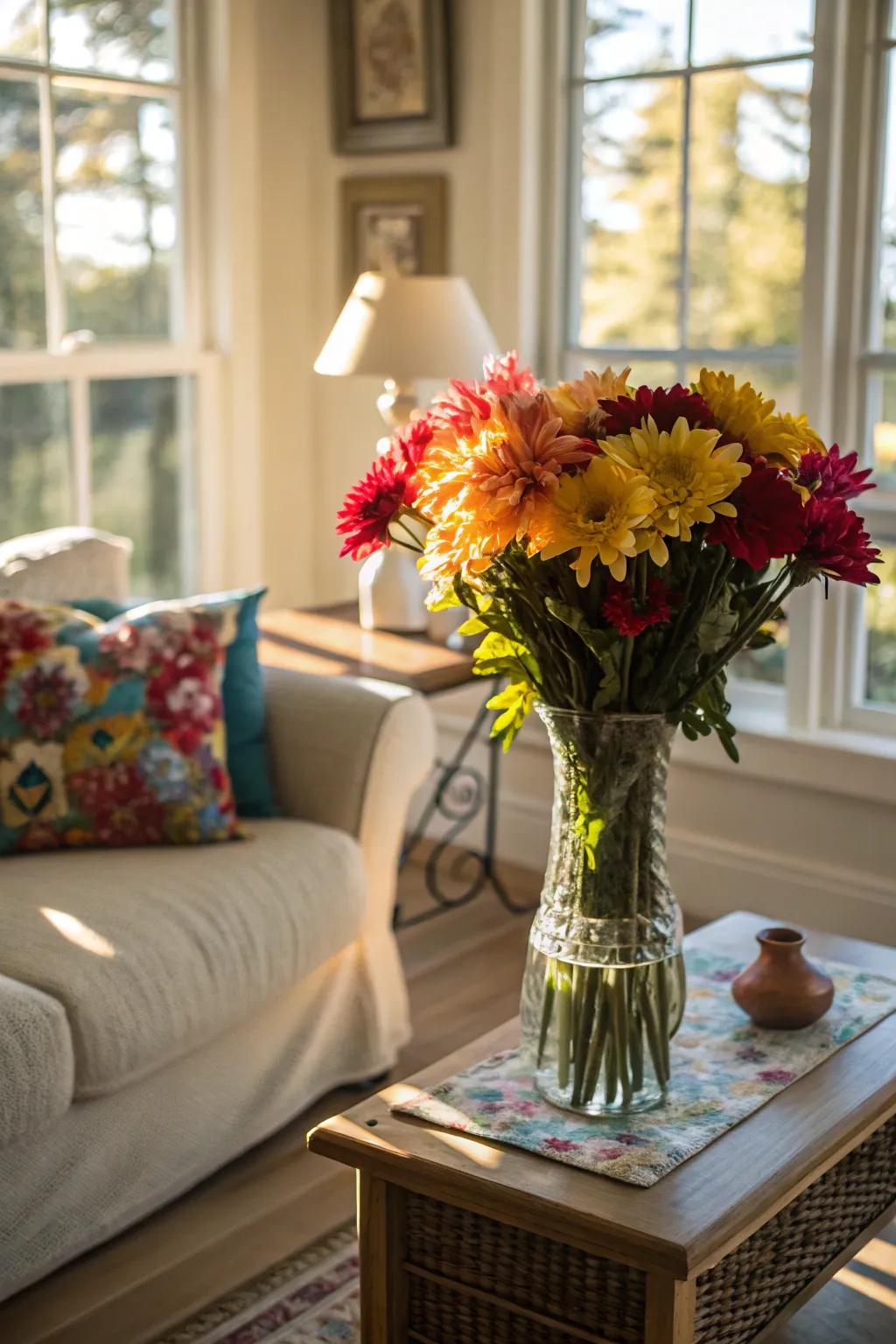 Vibrant artificial flowers imbue any space with radiance.
