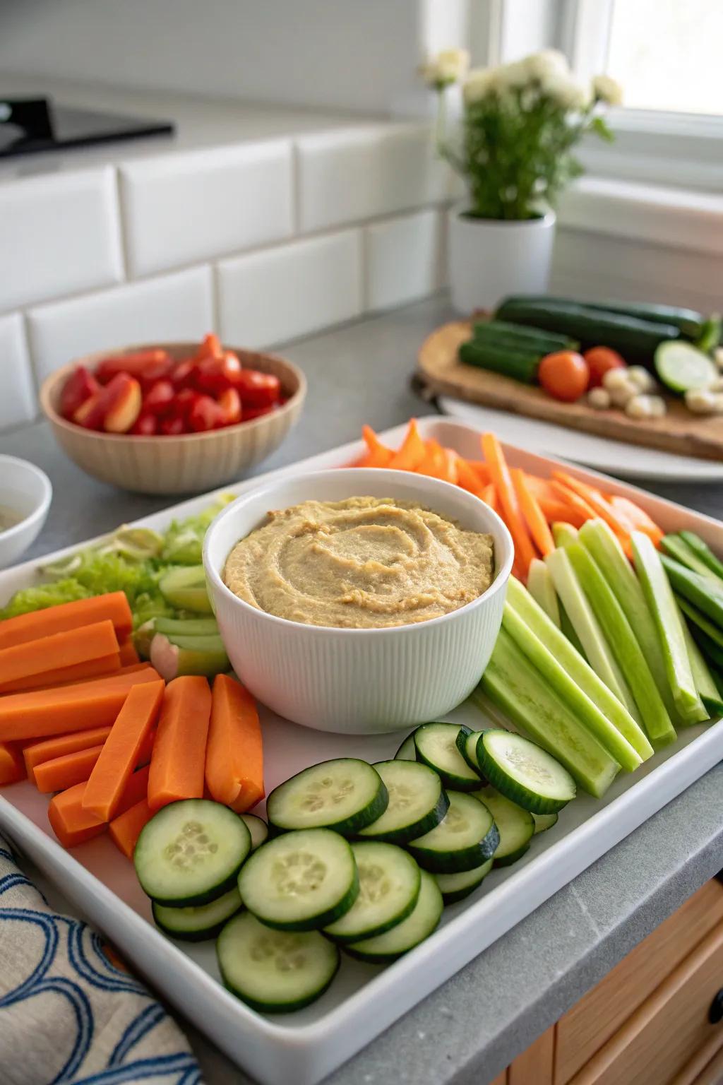 Vegetable arrangement featuring a centrally located dip for convenient enjoyment.