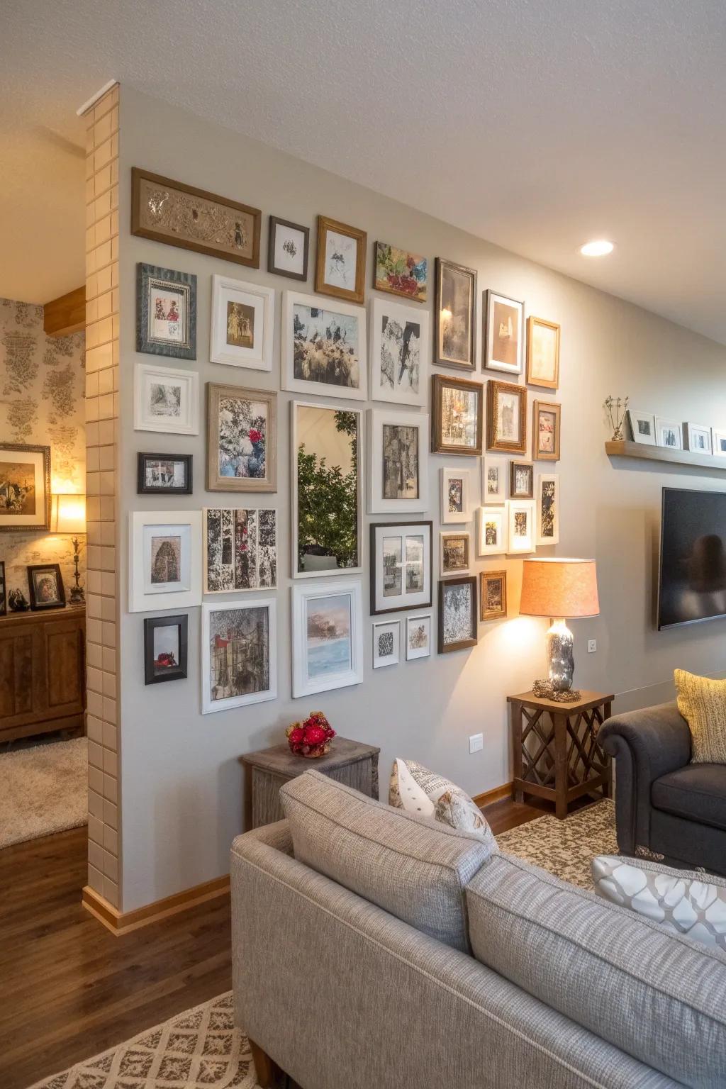 A mixed media gallery wall showcasing diverse textures