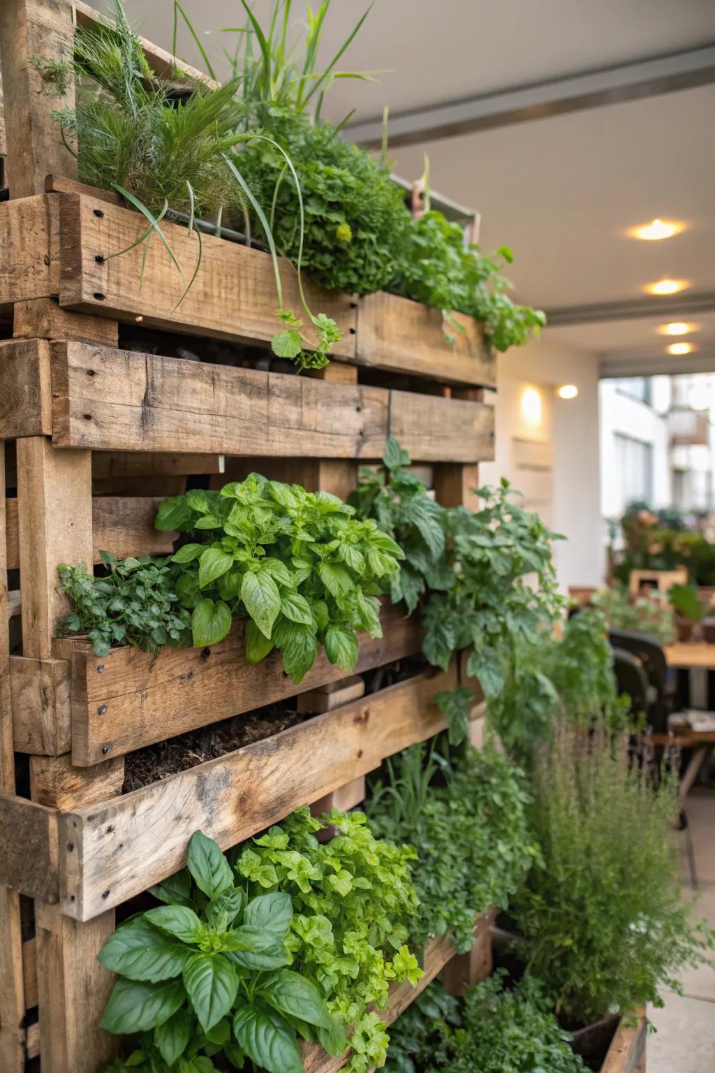 A handmade pallet garden overflowing with fresh herbs.