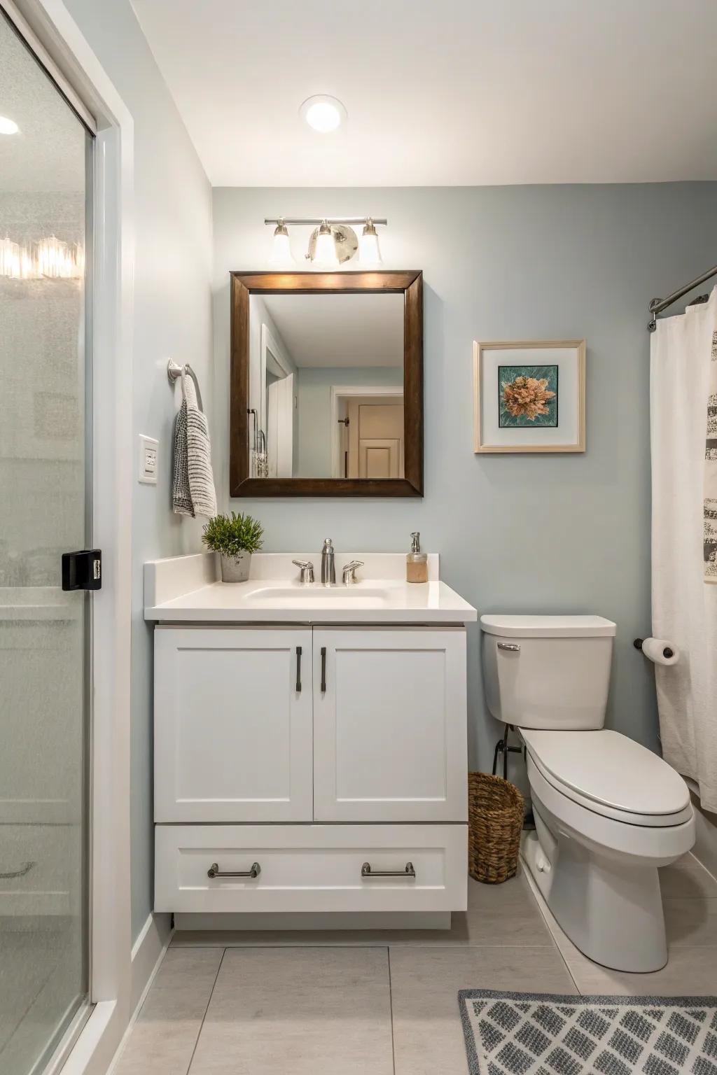 A floating shelf adds style and clears up floor space.