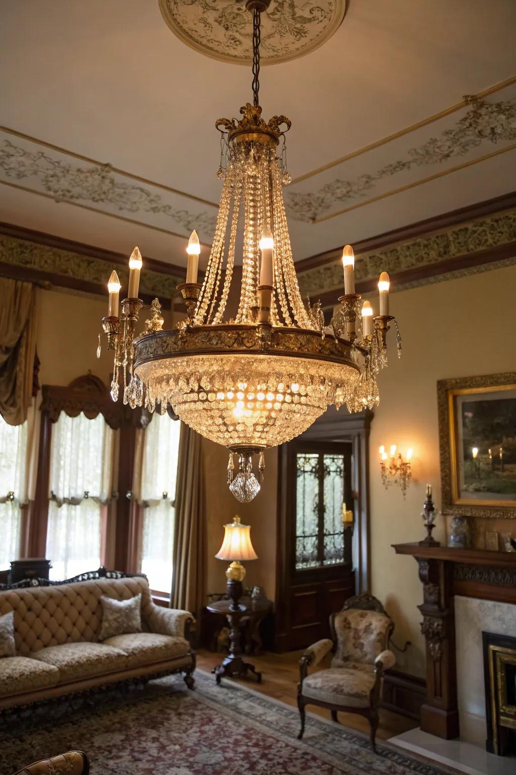 This elaborate chandelier serves as a dazzling focal point in the living space.