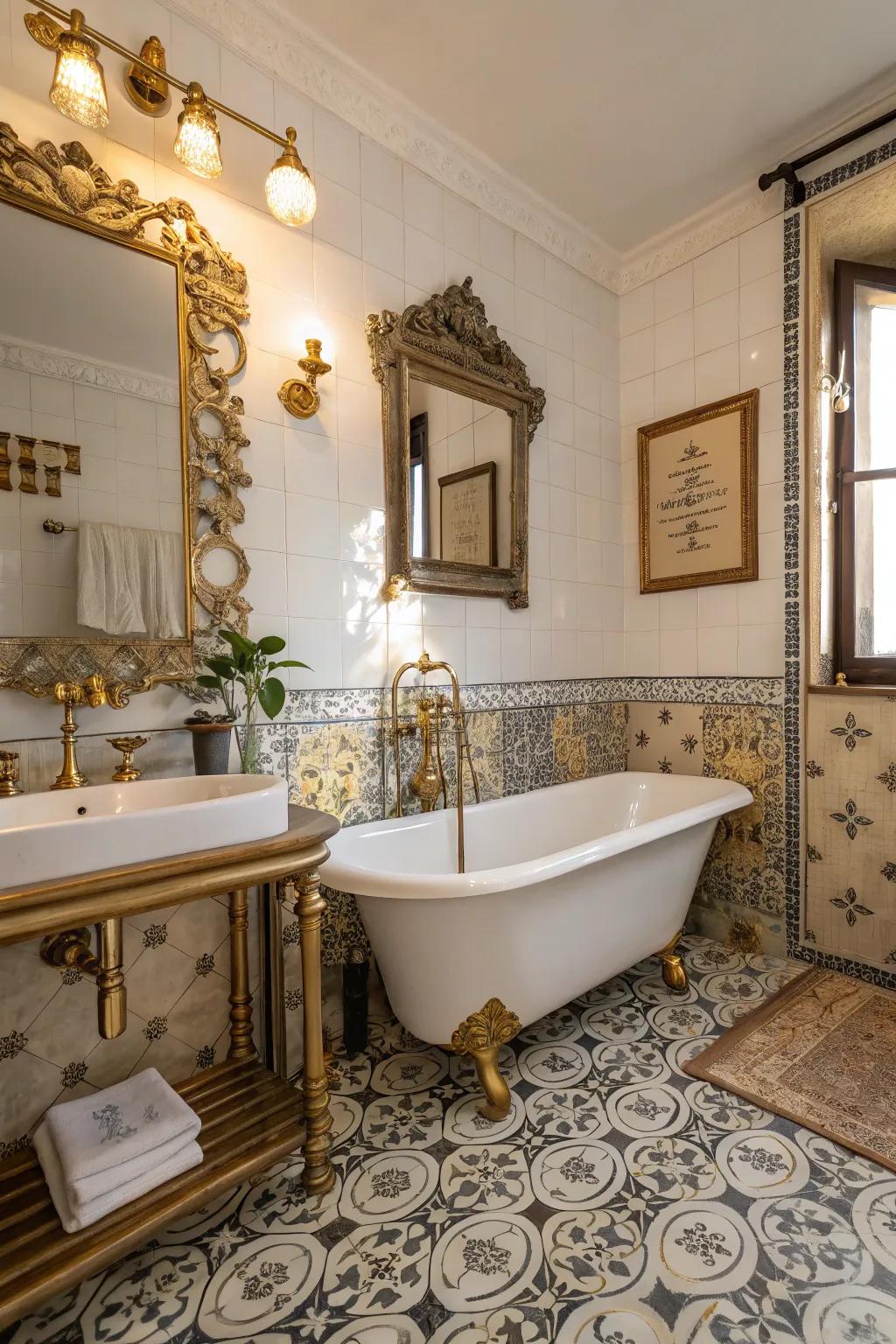 Gilded and copper fixtures amplify an enduring sophistication to retro bathrooms.