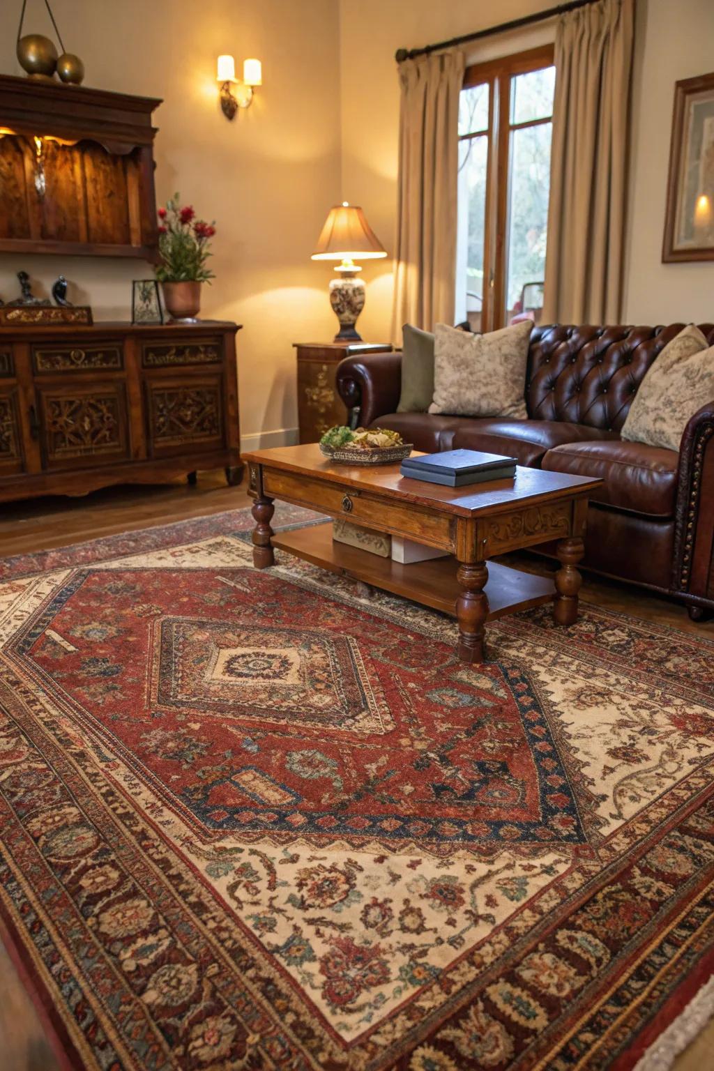 A classic Persian rug infuses the parlor with warmth and opulence.
