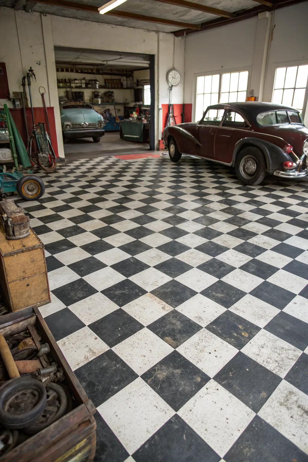 Checkerboard ground covering delivers an ageless enticement to a vintage garage.