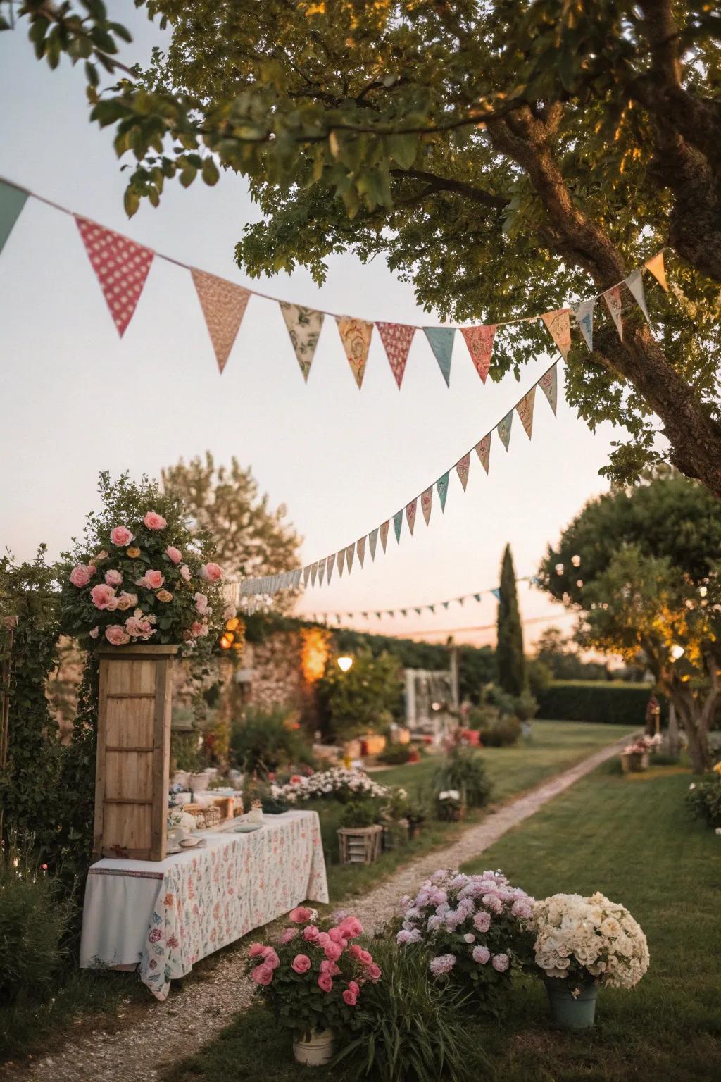 Colorful bunting adds whimsy to a vintage garden party.