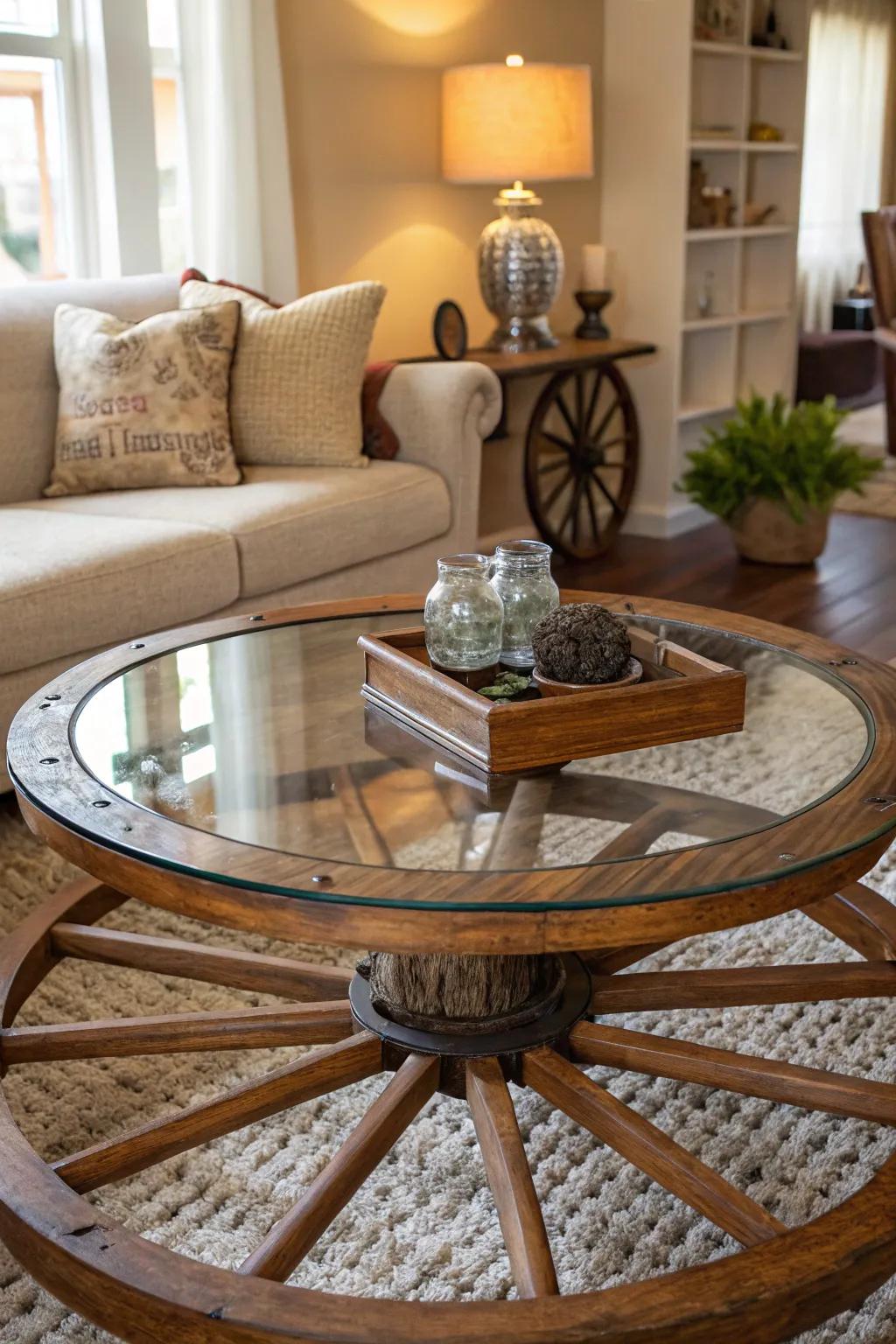 A wagon wheel supporting a glass tabletop, creating a unique coffee table.