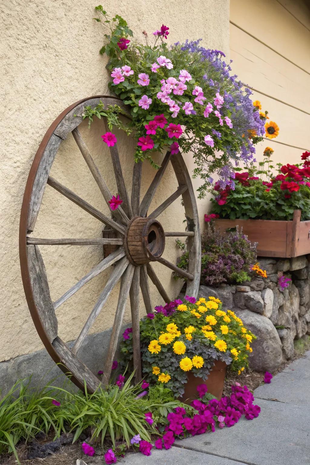 A cartwheel festooned with flowers bursts with character and color.