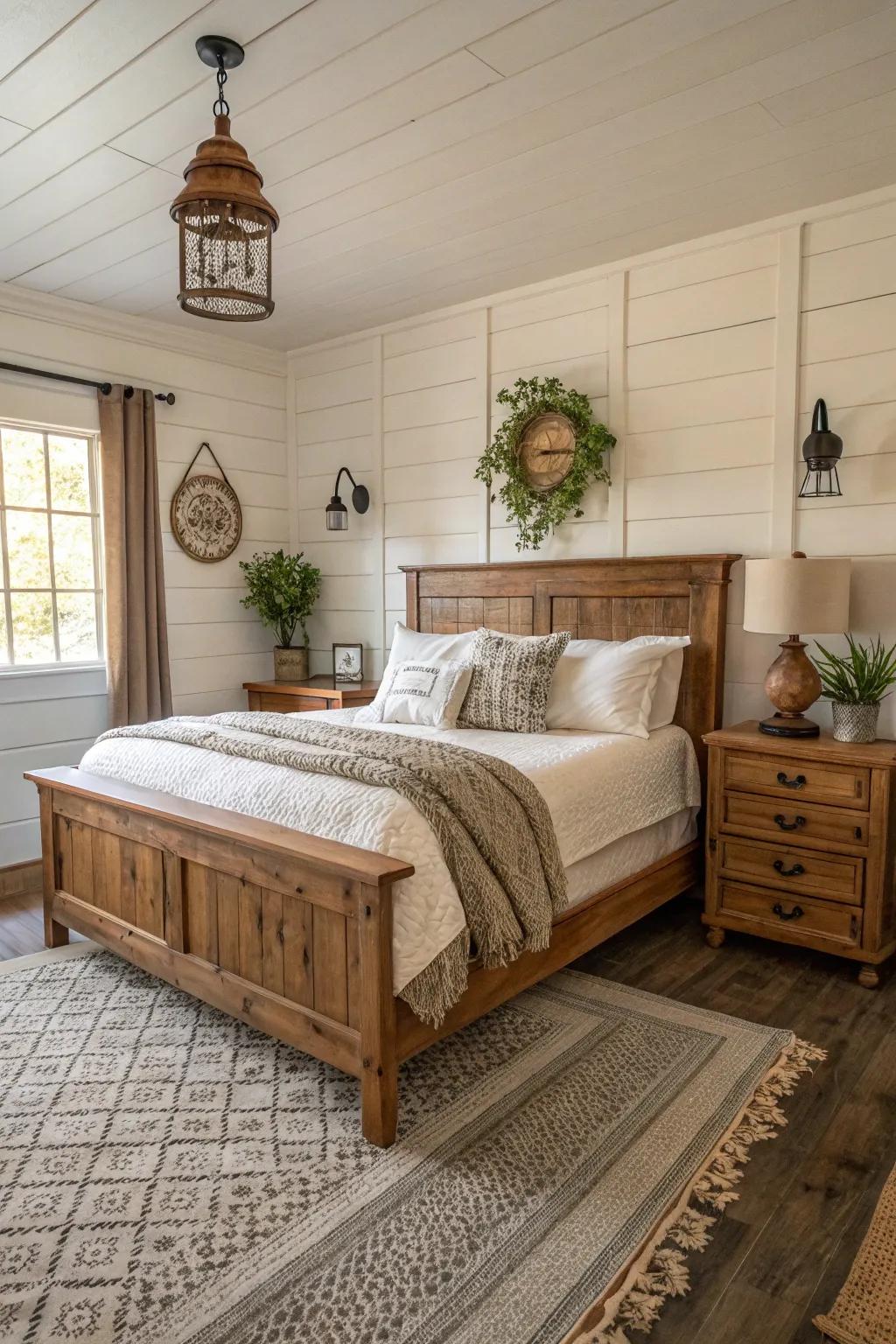 Achieve a cozy farmhouse vibe with shiplap wainscoting.