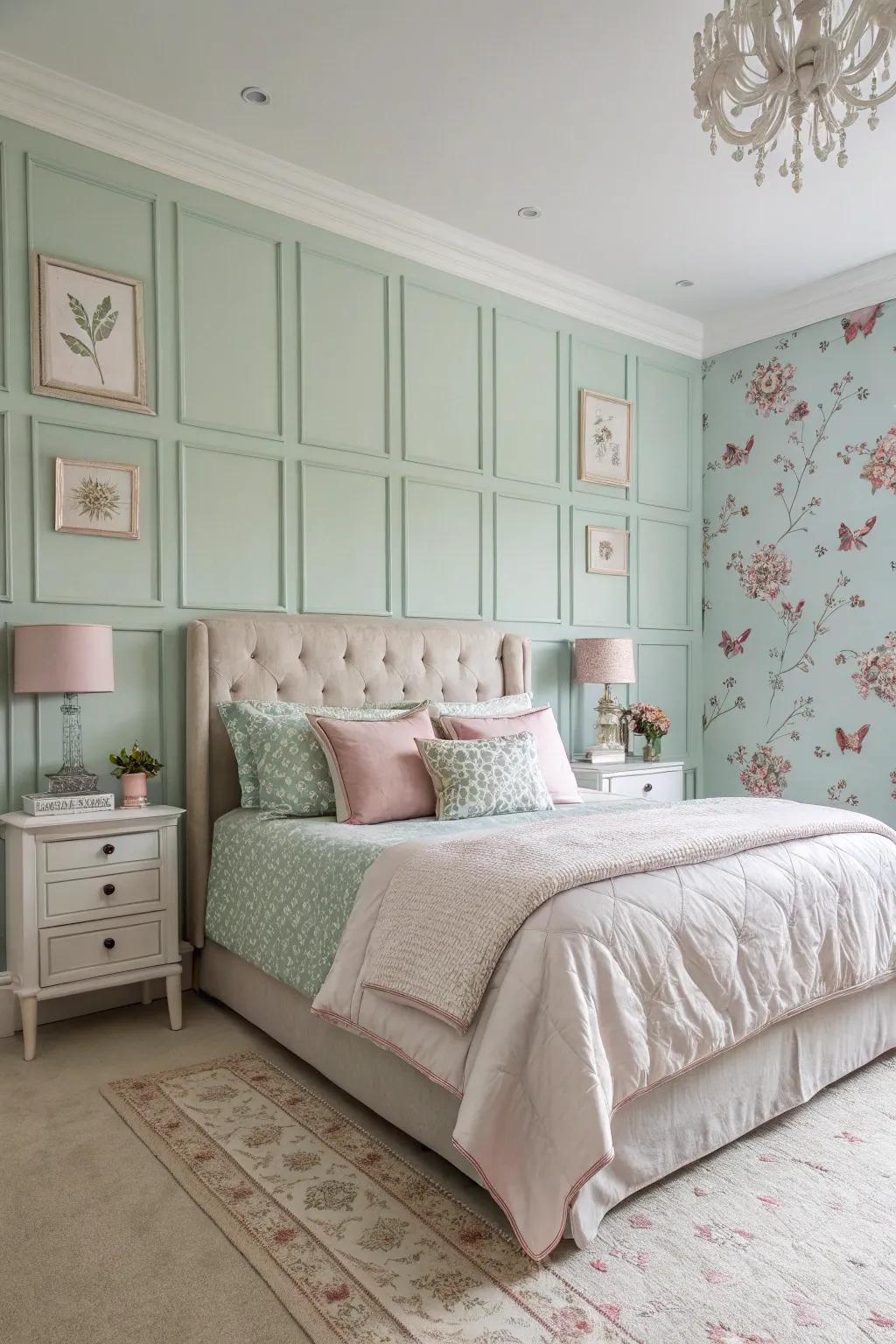 Soft-hued paneling injects a cheerful element into your bedroom.