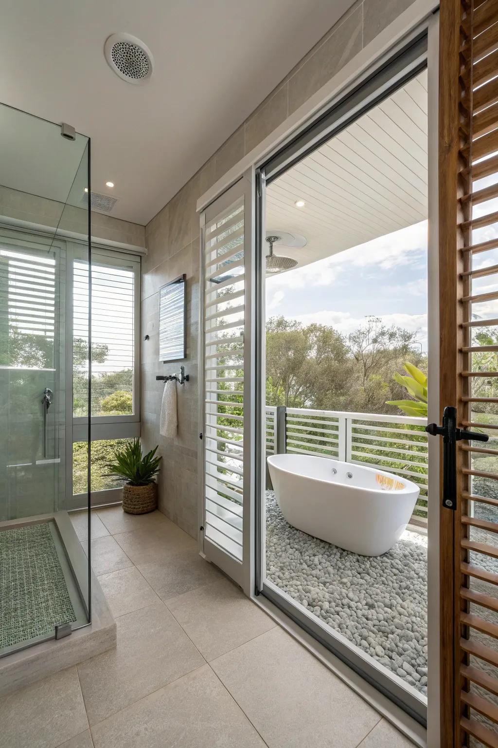 Louvered windows in a walk-in shower, blending indoor luxury with outdoor airiness.