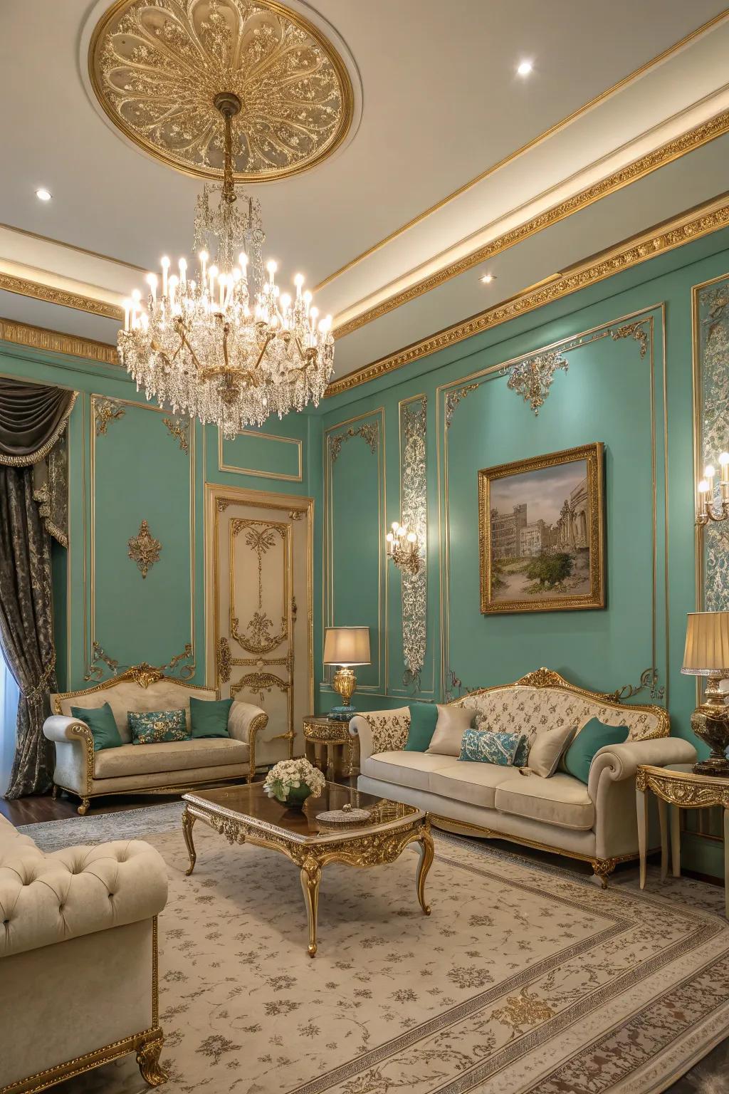 A regal touch with teal walls and gold trim.