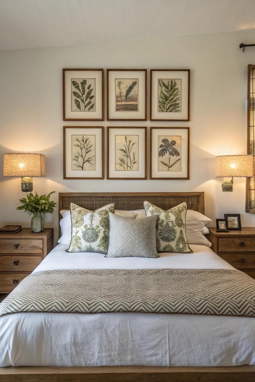 Symmetrical art arrangements bring harmony to your bedroom.