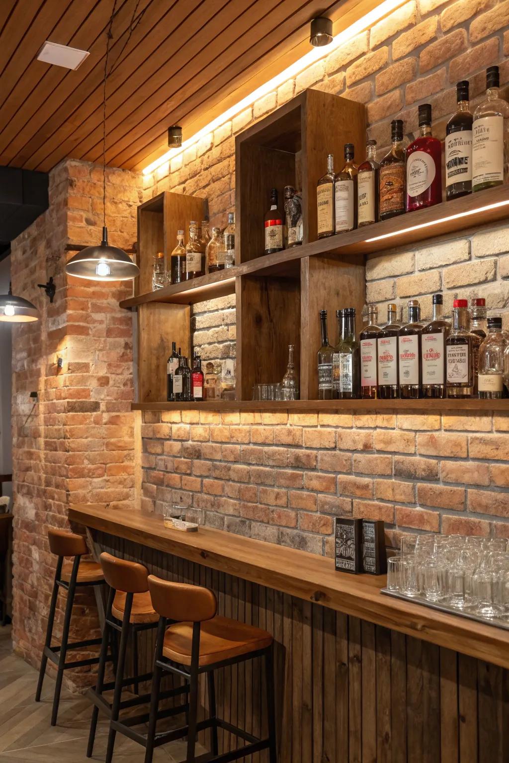 Brick backgrounds bring a cozy elegance that elevates any wall bar.