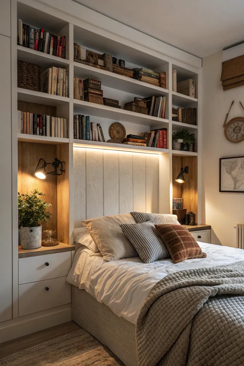 Integrated shelves deliver both style and useful storage.